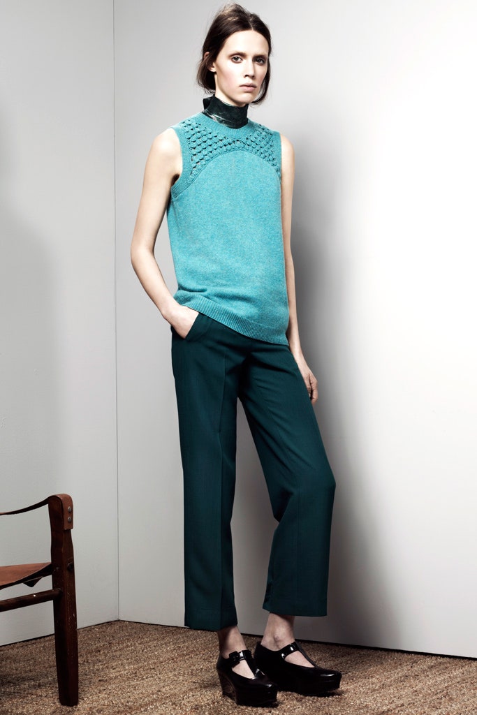 blue wool sleeveless high-neck fitted ribbed top