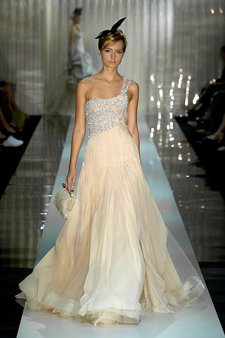 beige silk one-shoulder gown