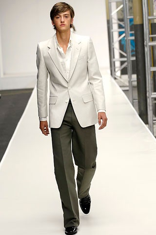 white tailored blazer with gray pants