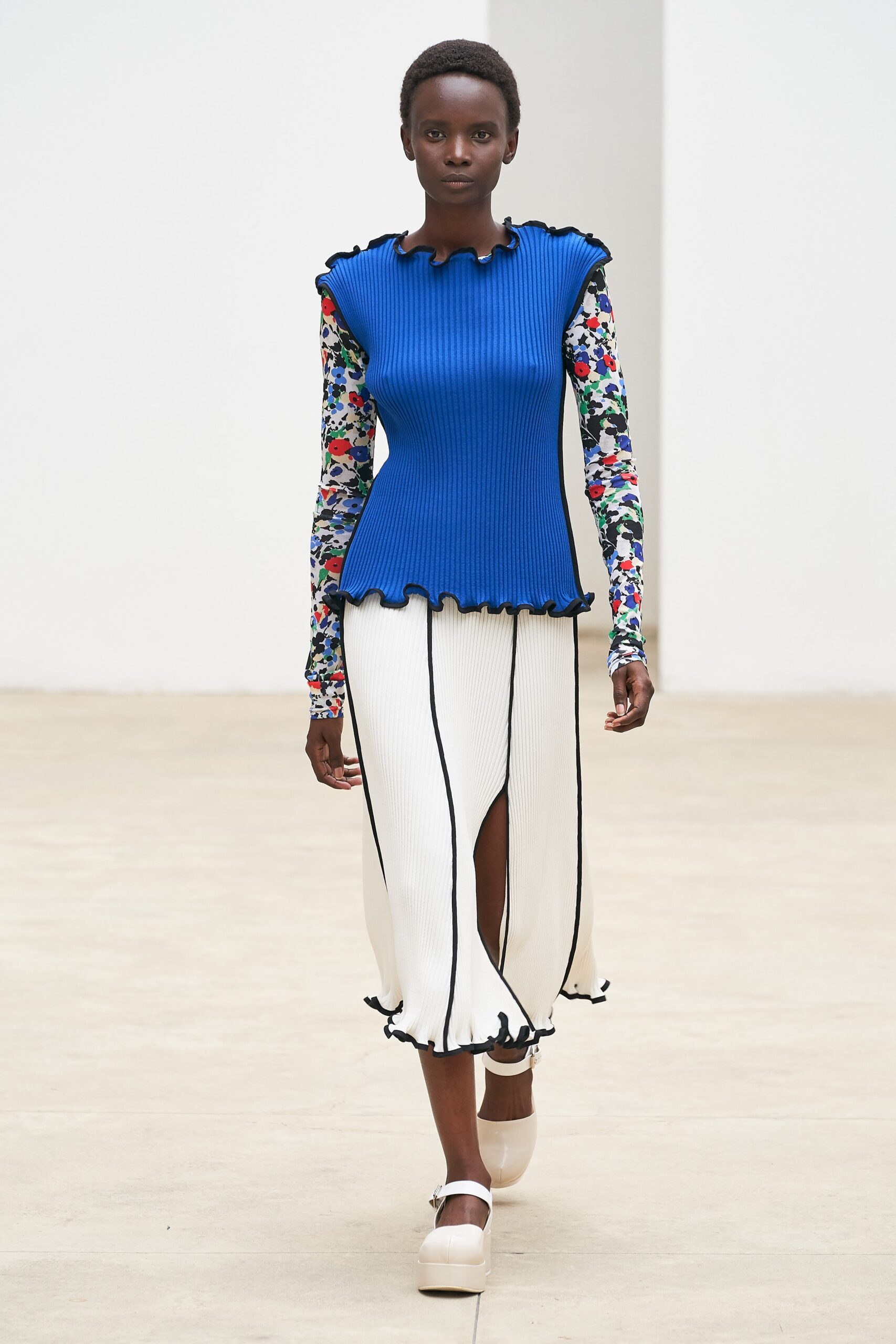 blue and white pleated dress with printed top