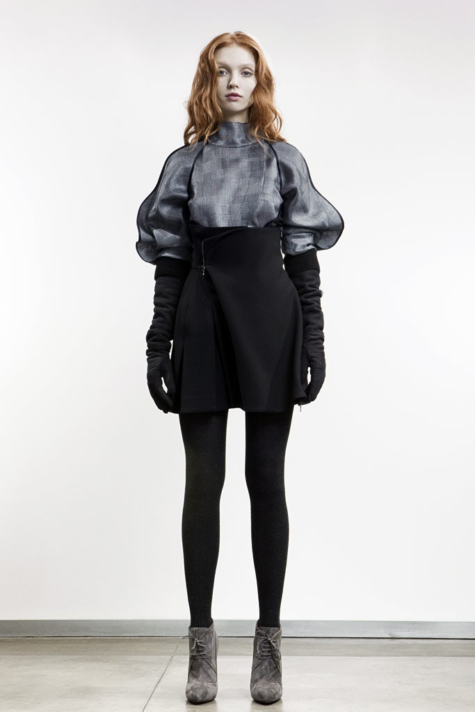 gray silk long-sleeve high-neck fitted padded top
