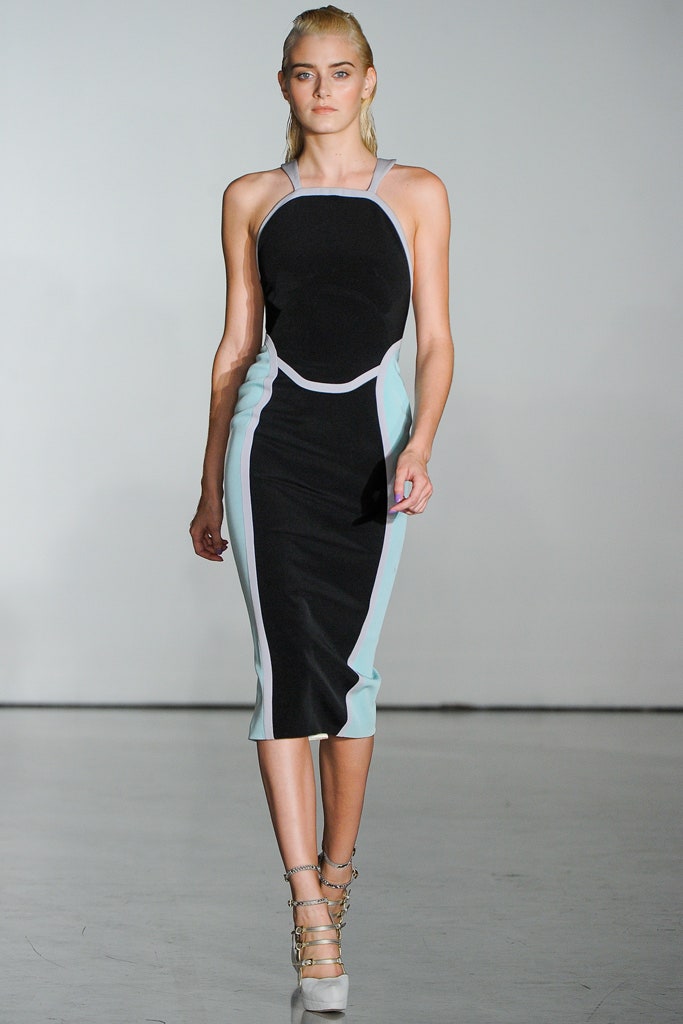 fitted black and blue color-blocked dress
