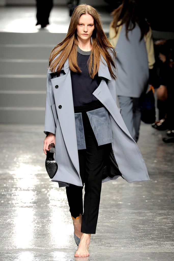 gray wool coat with black top