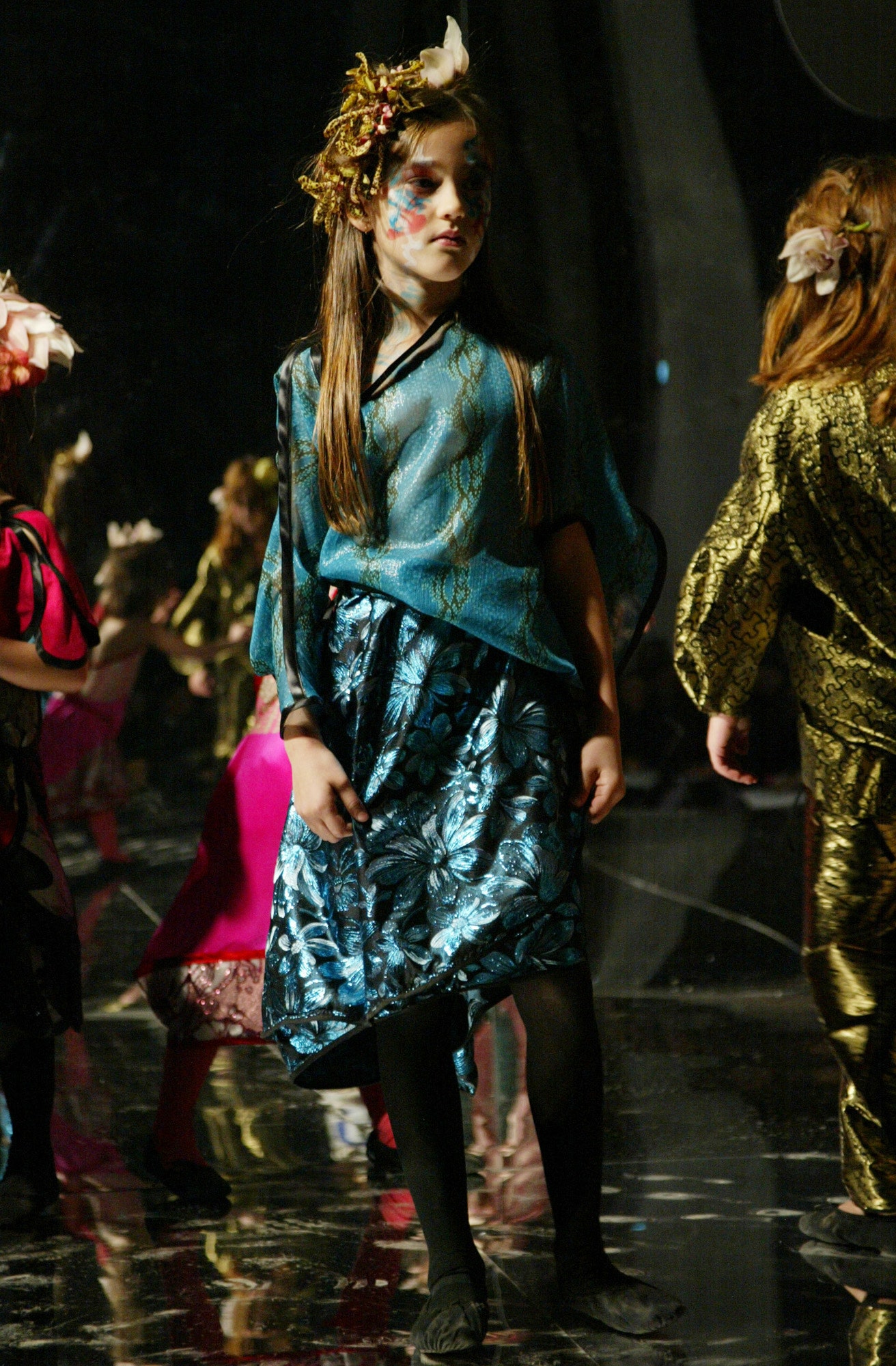 blue silk midi dress with teal cape