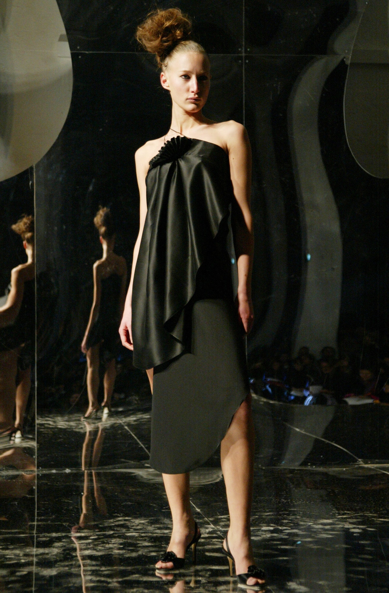 black silk strapless asymmetric dress