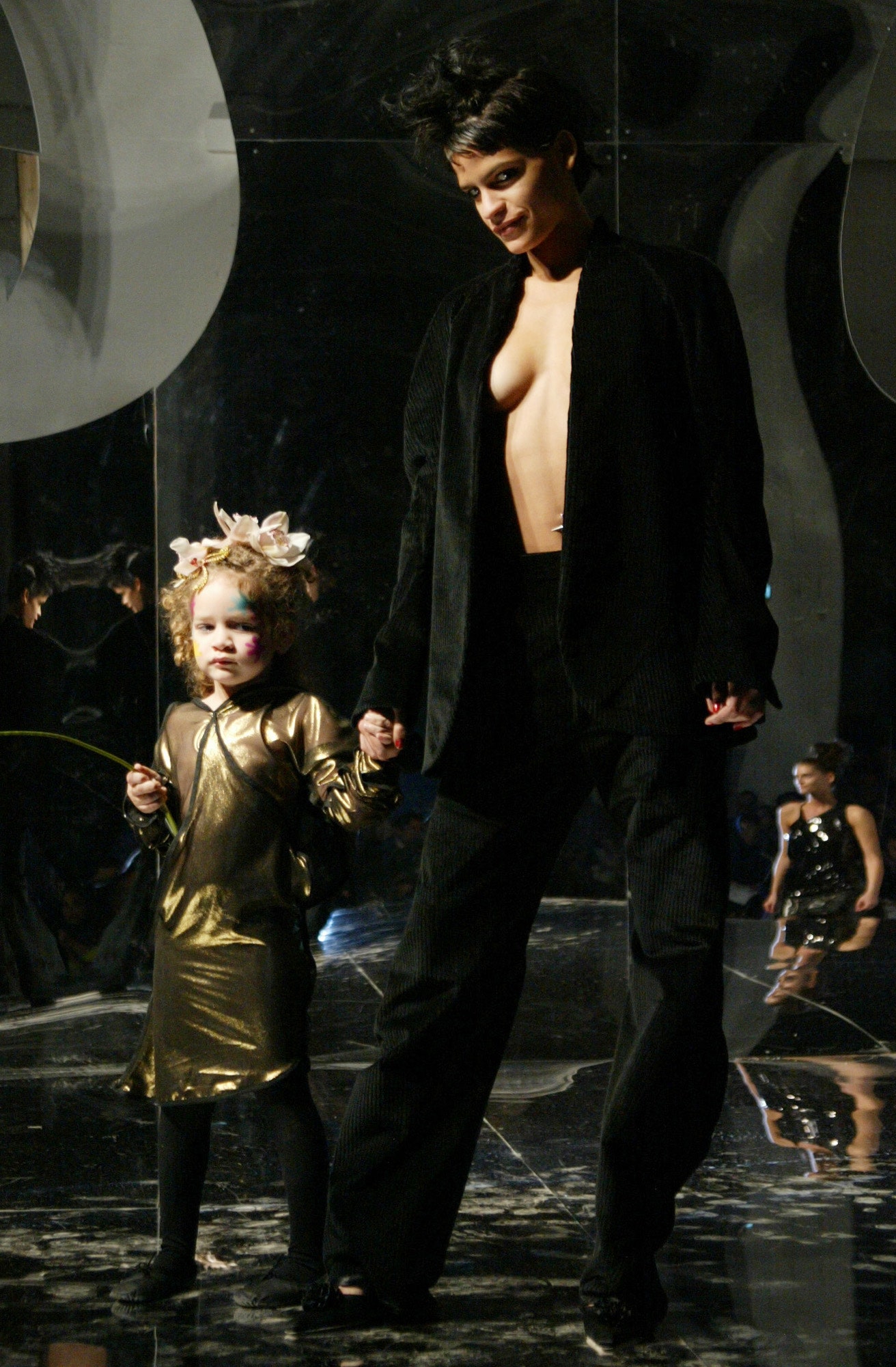 black velvet fitted jacket and pants with gold silk dress