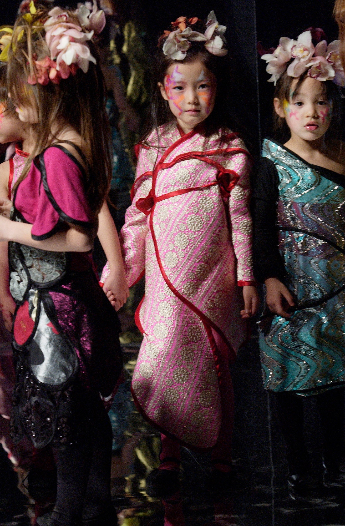 pink embroidered midi dress and black fitted top