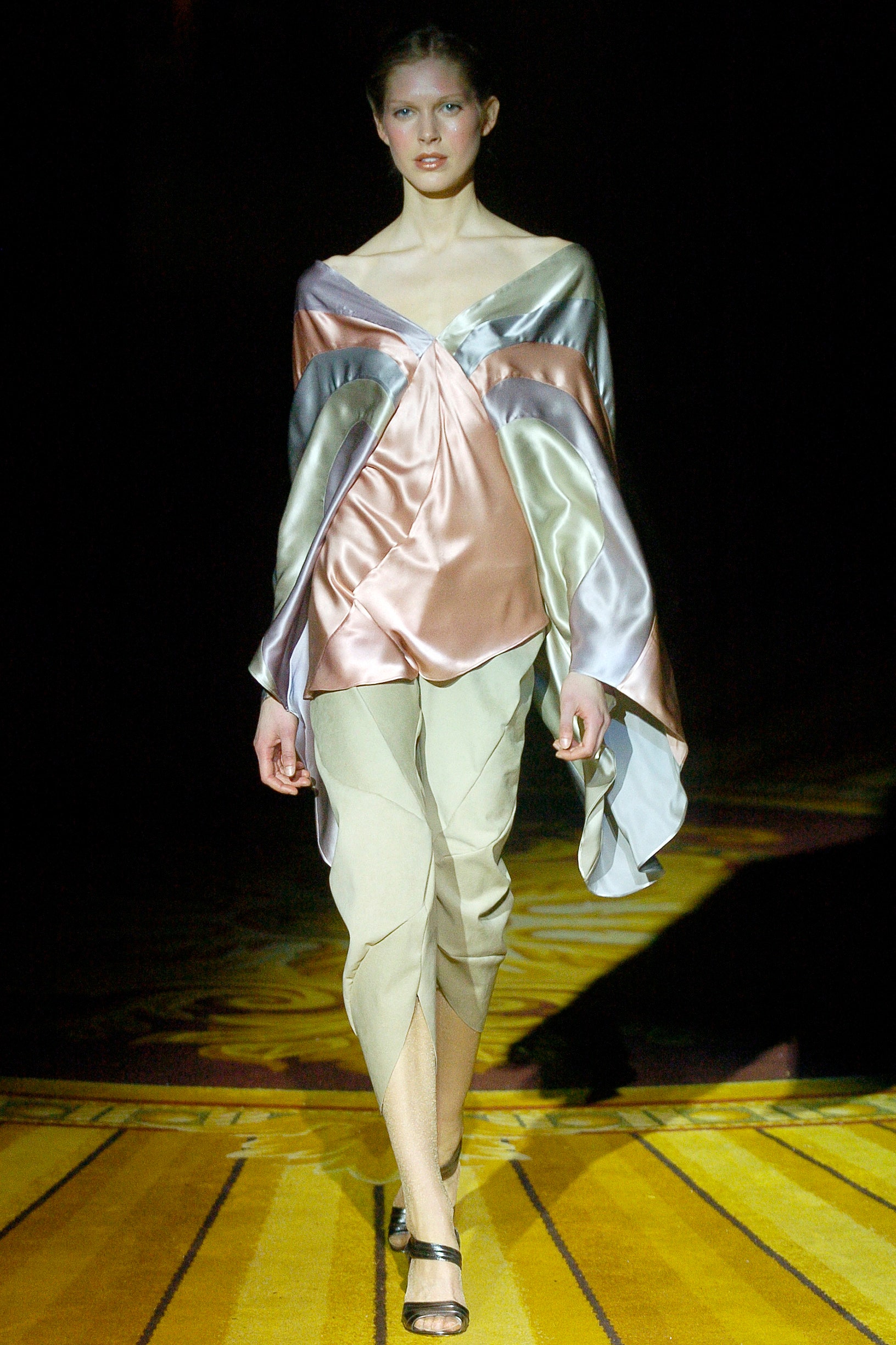 beige silk fitted high-waisted straight-leg pants