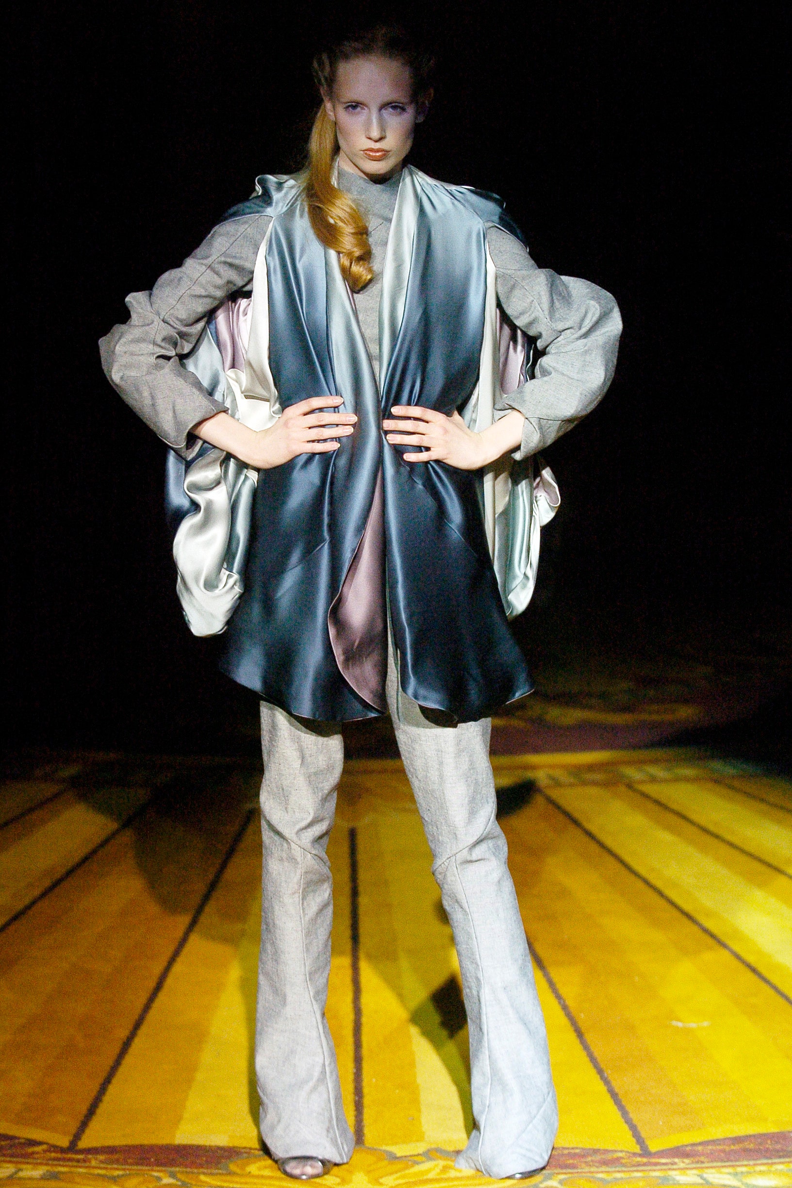 gray silk draped jacket with flared pants