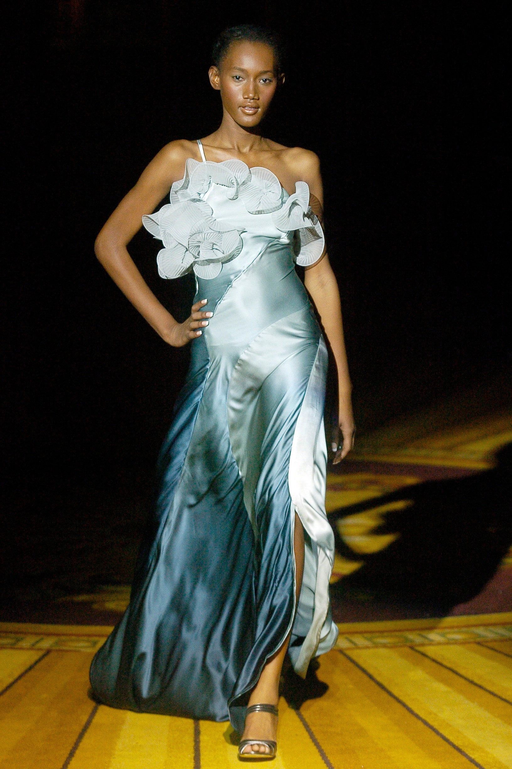 blue silk sleeveless gown