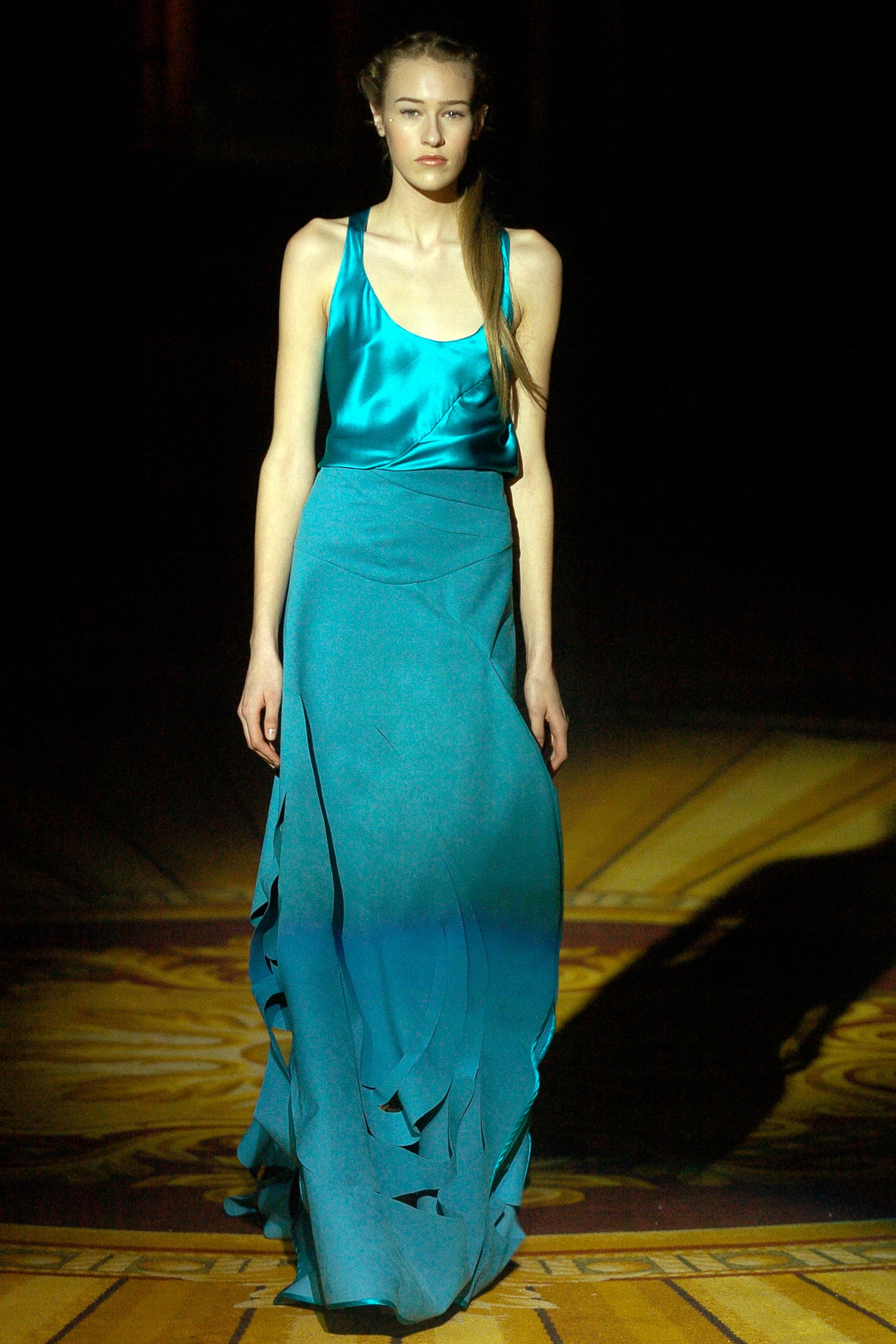 blue silk sleeveless top and maxi skirt