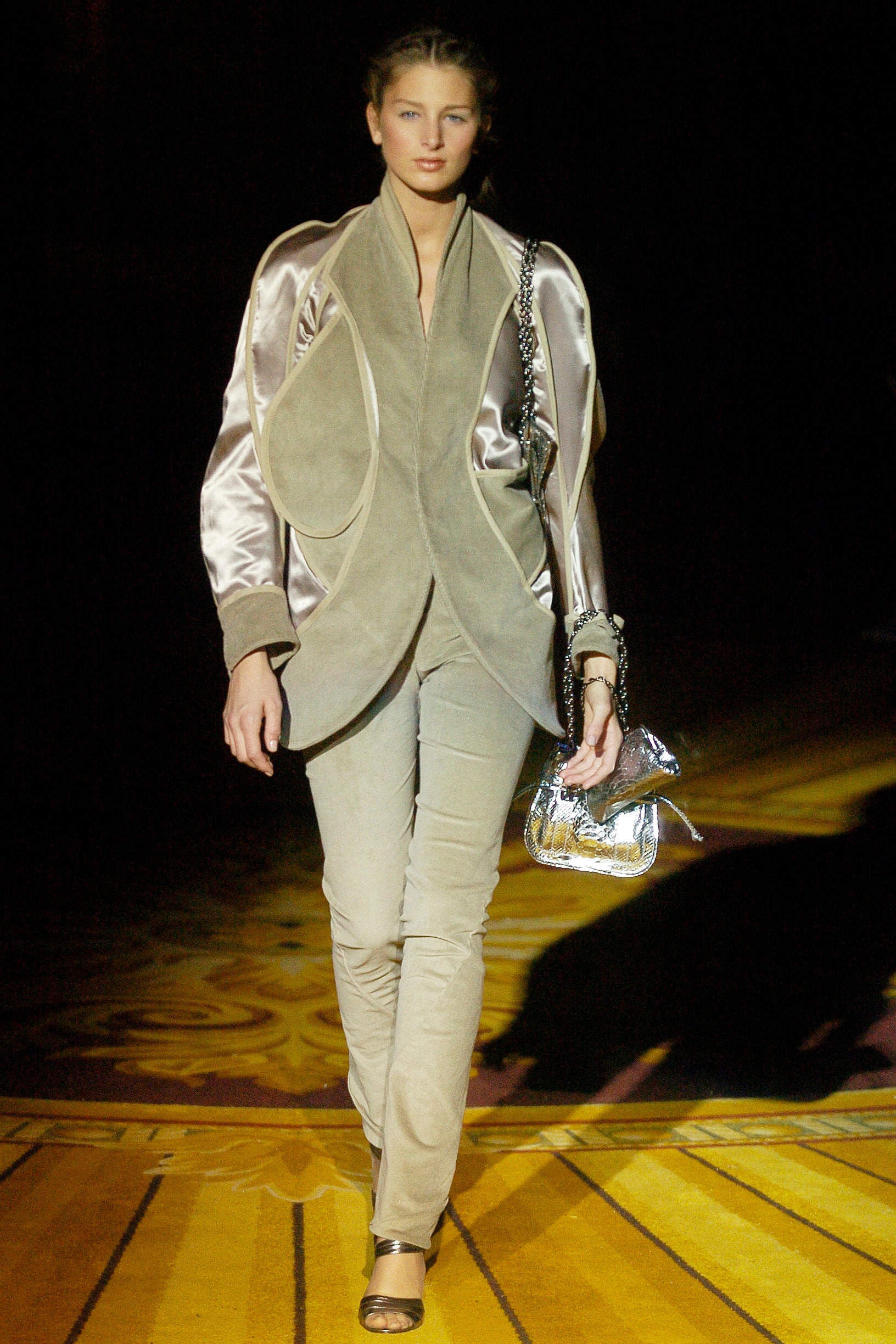 beige silk long-sleeve collared structured draped jacket