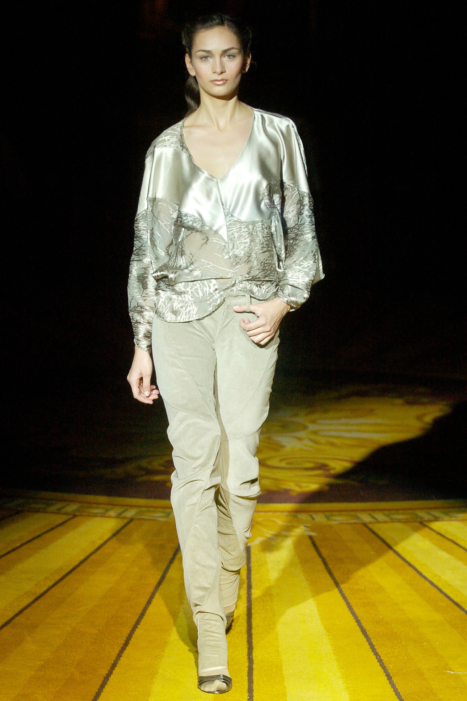 beige silk long-sleeve v-neck relaxed embroidered shiny blouse