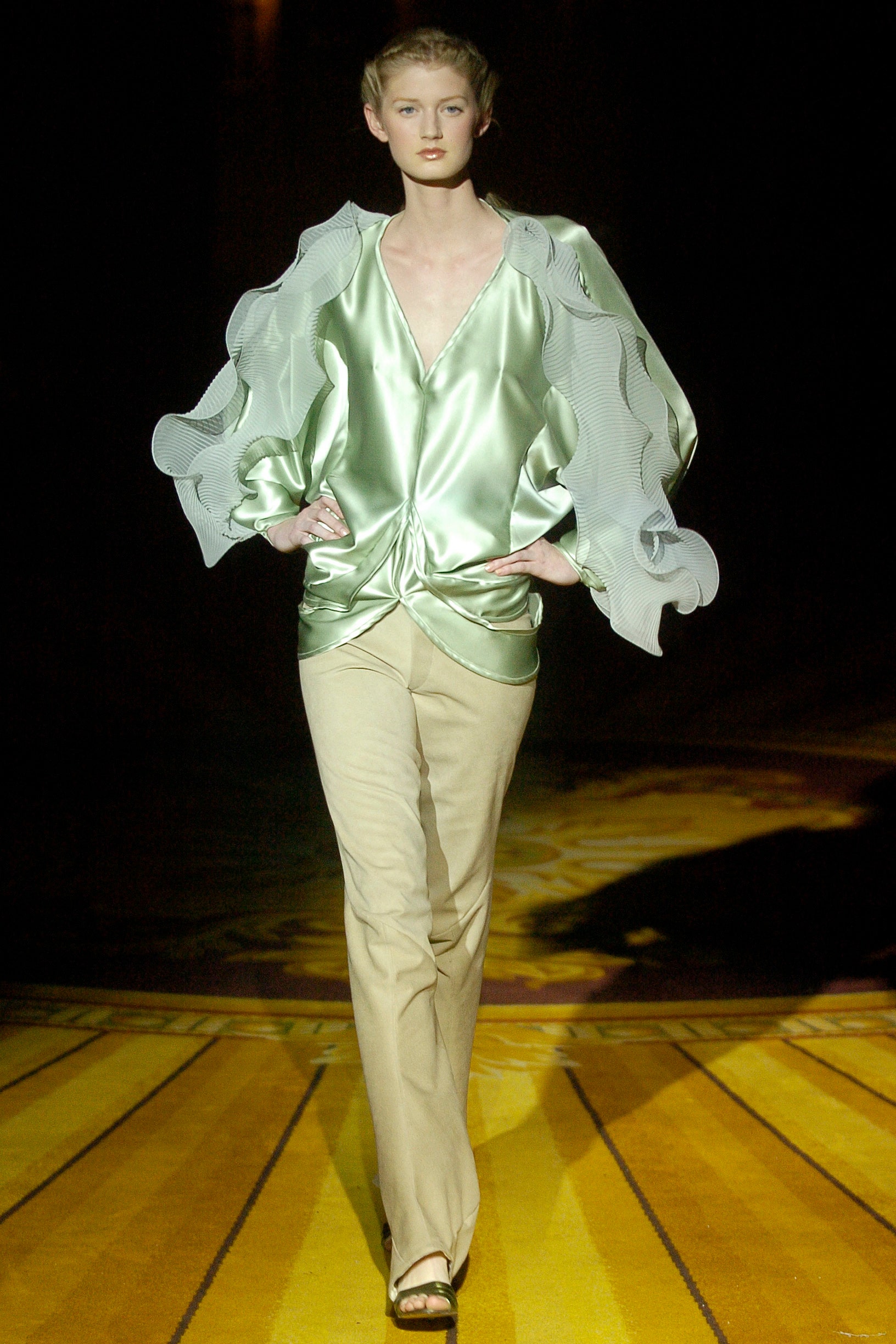 green silk long-sleeve v-neck fitted draped ruffled top
