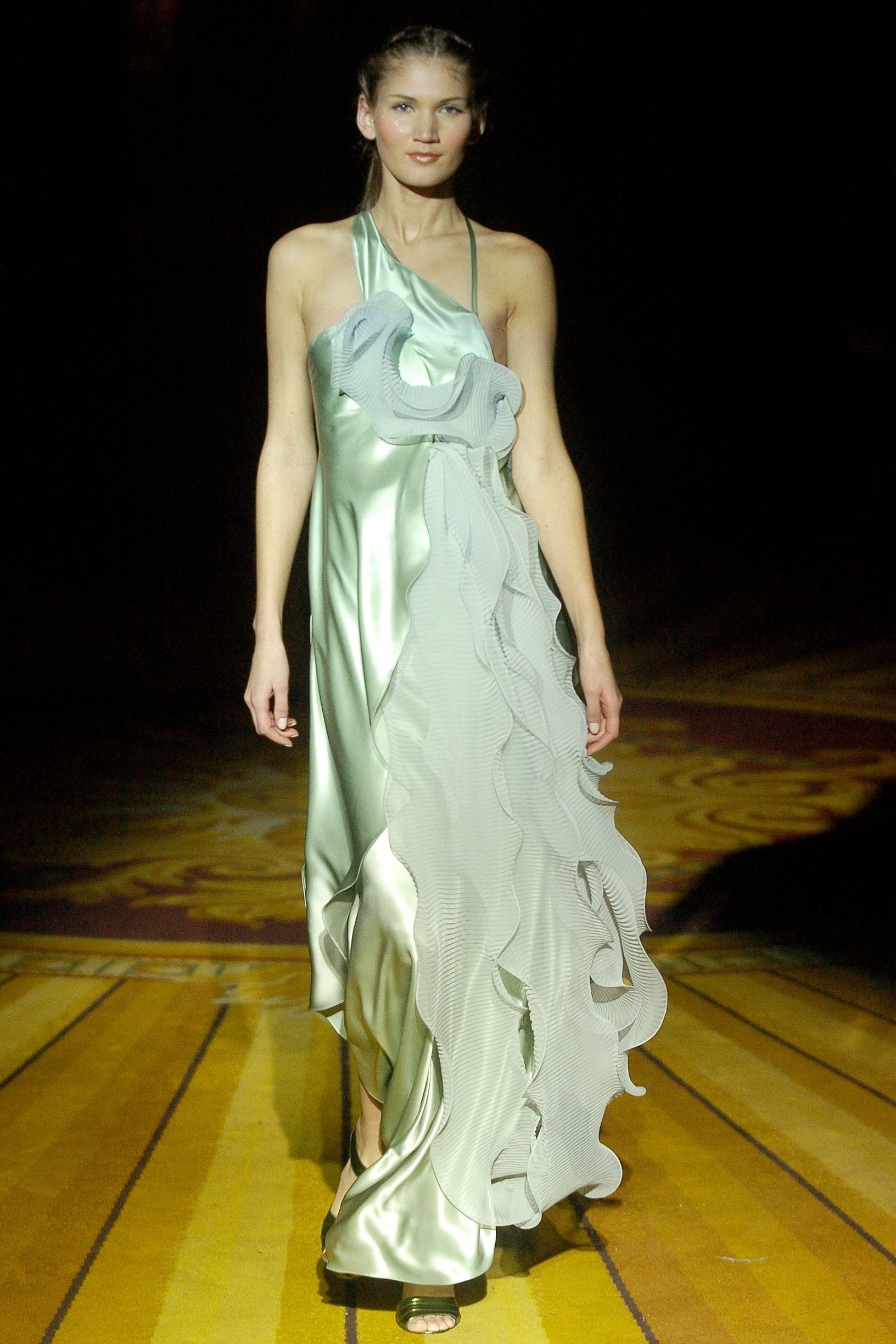 green silk flowing gown