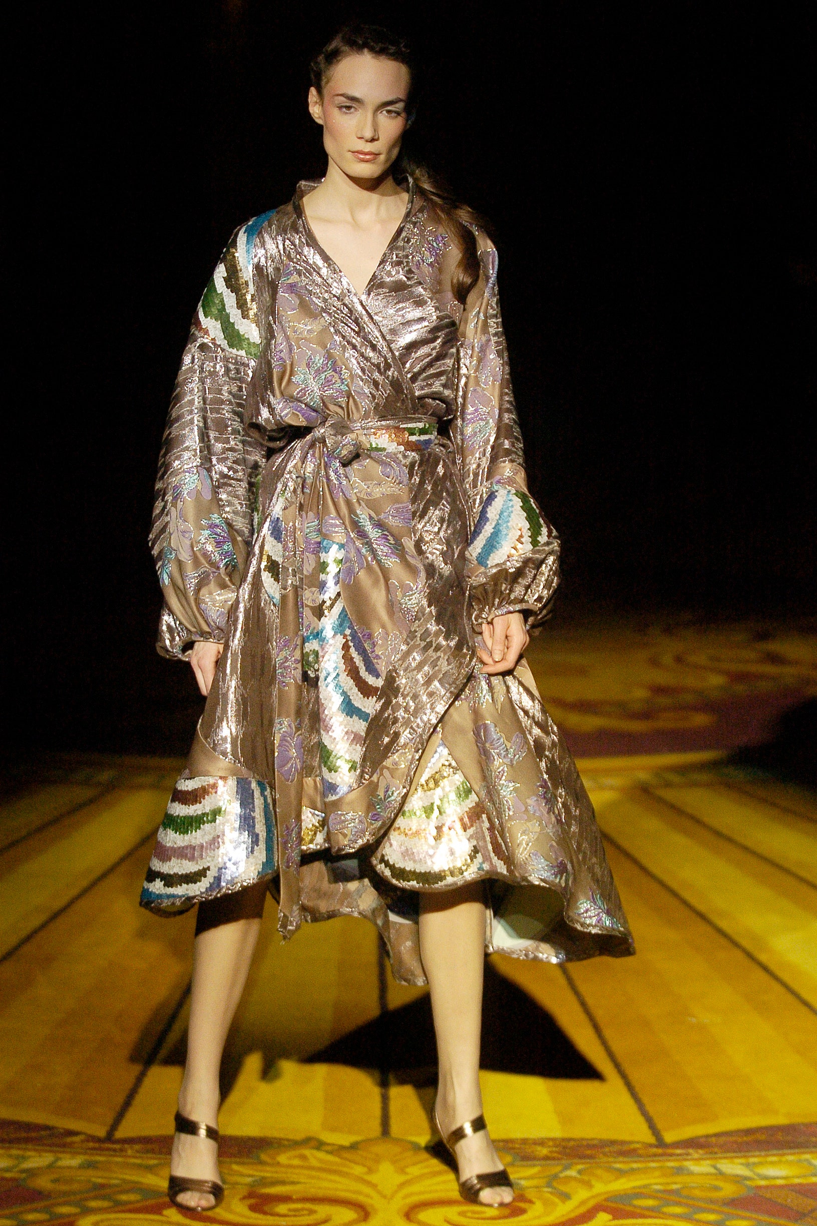 brown multi-colored silk wrap dress