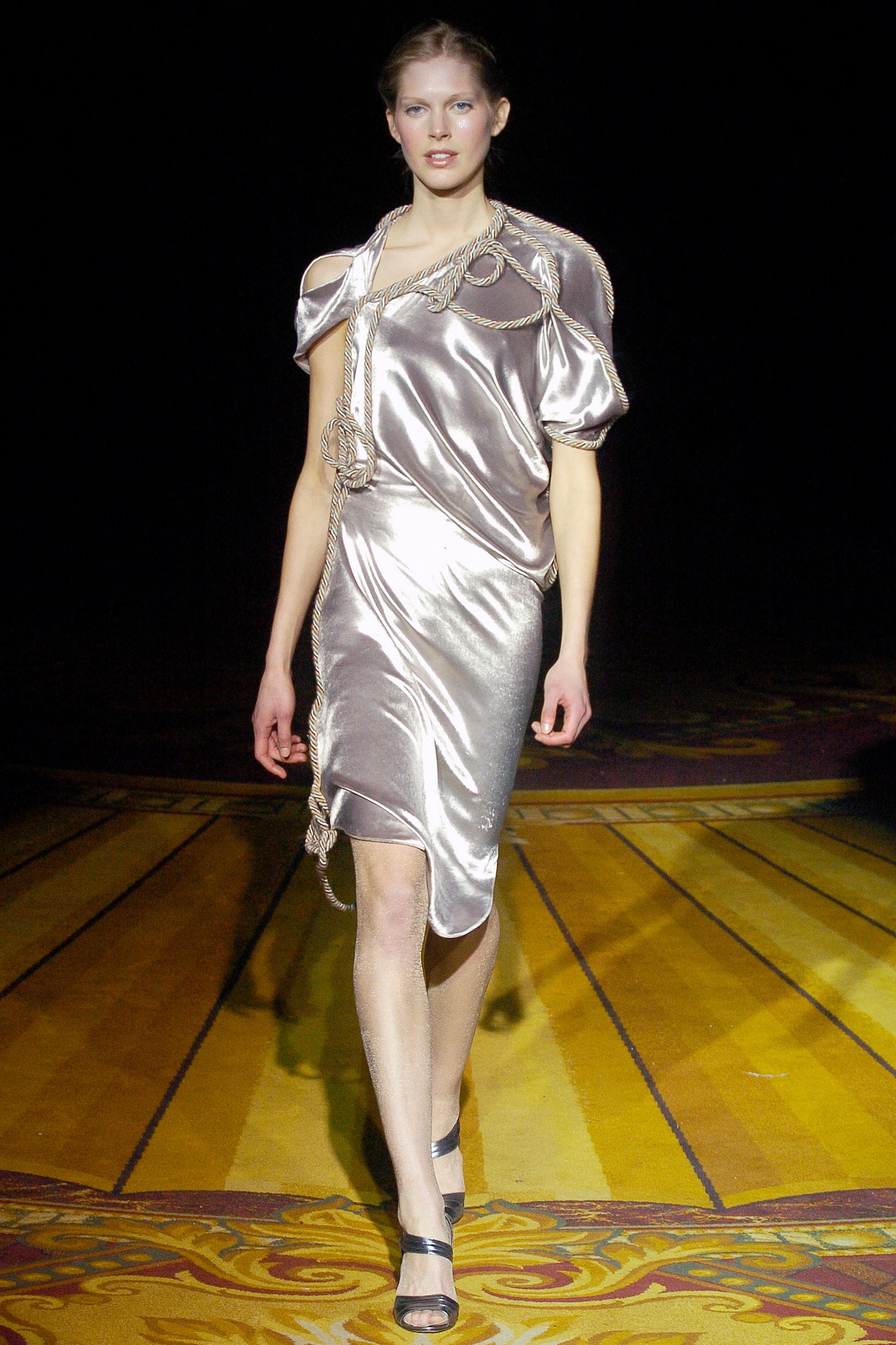 silver silk off-shoulder dress