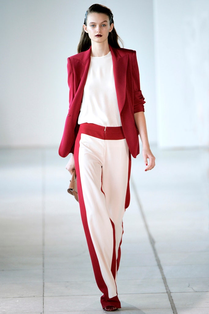 red tailored blazer with white top