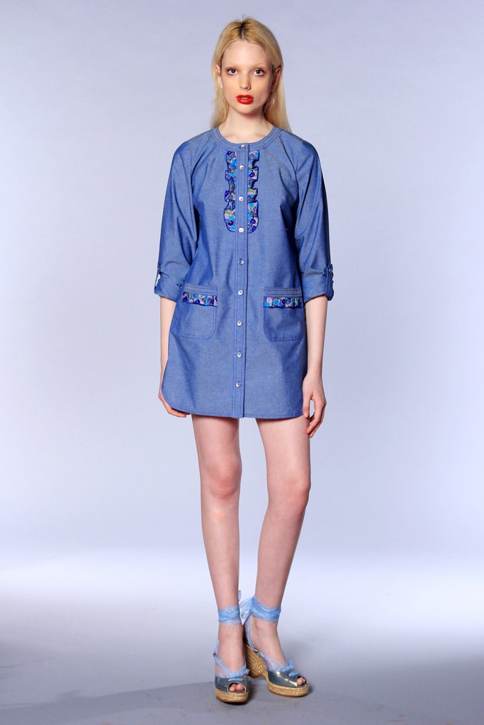 blue denim fitted dress