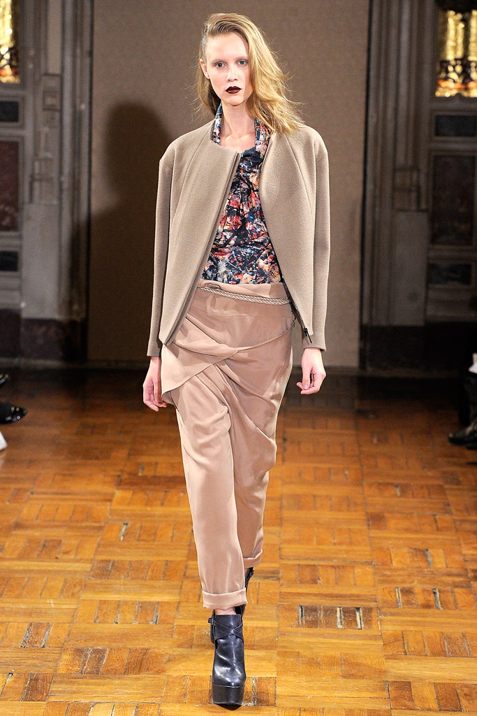 beige jacket multi top tan pants