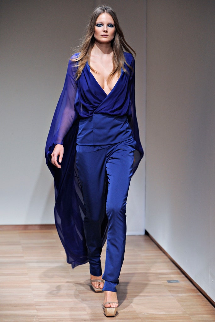 blue silk jumpsuit with chiffon cape
