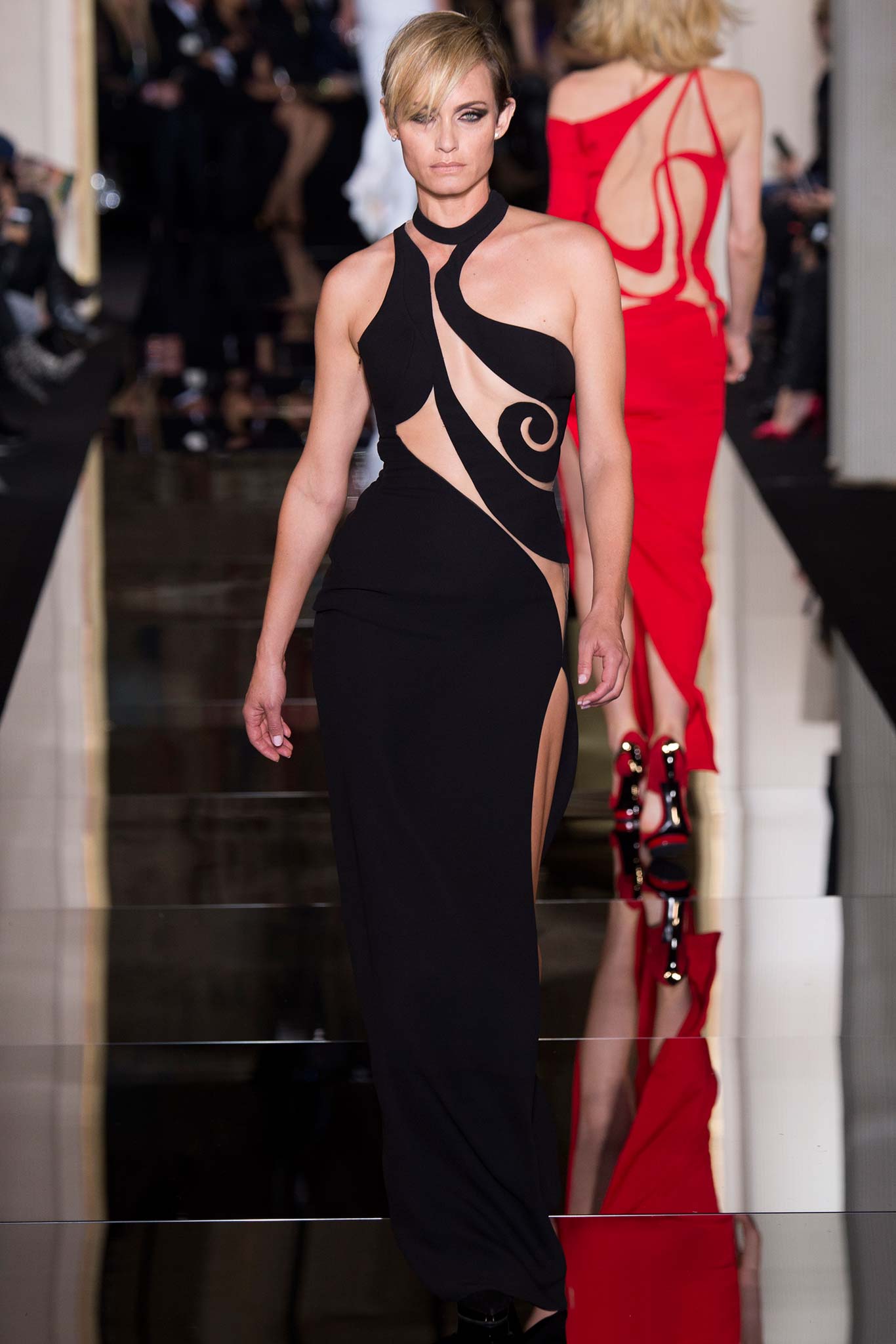 fitted black silk gown