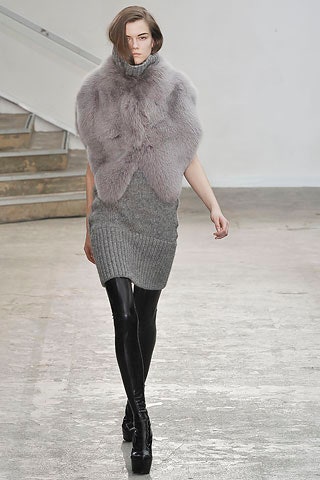 gray wool fitted dress with fur cape