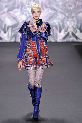 blue silk long-sleeve collared fitted pleated embroidered dress