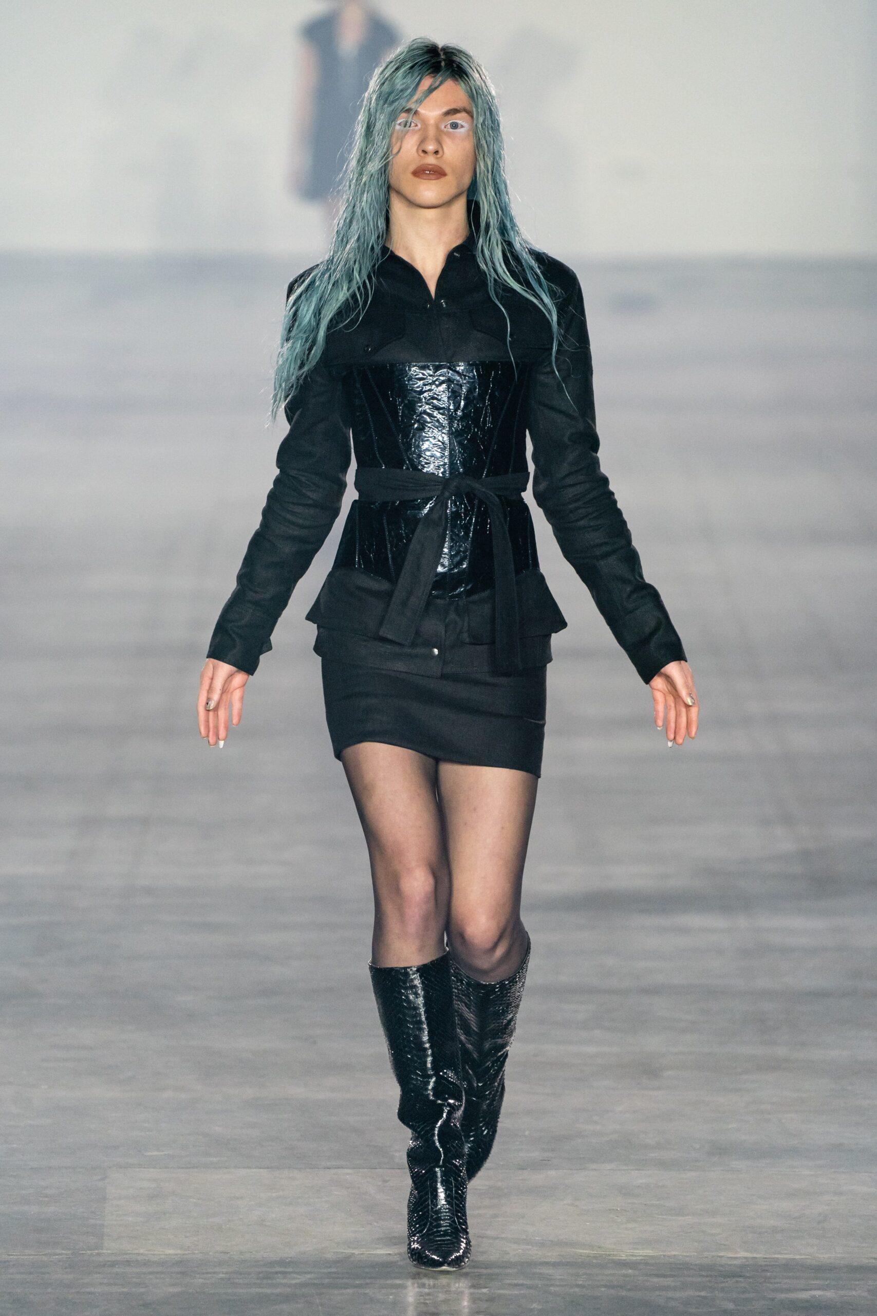 black leather fitted blazer and mini skirt