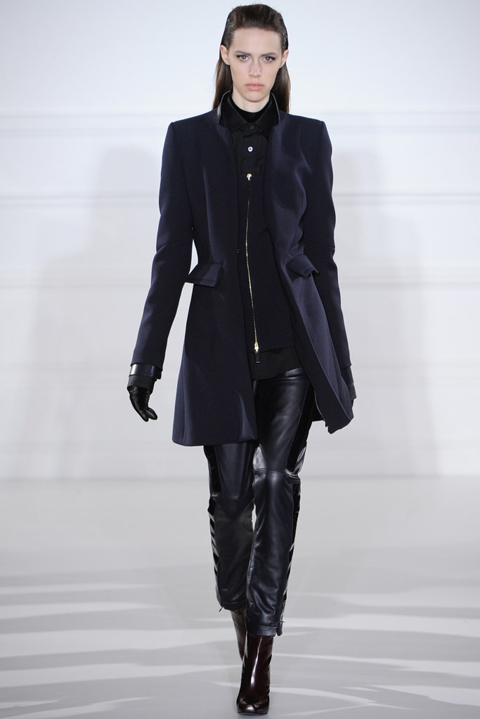 black fitted coat with leather pants
