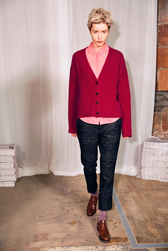 red wool sweater with pink shirt
