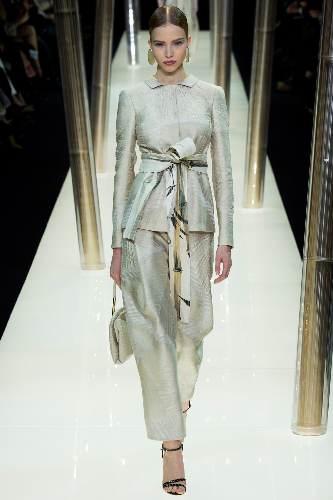 beige silk fitted blazer and relaxed pants