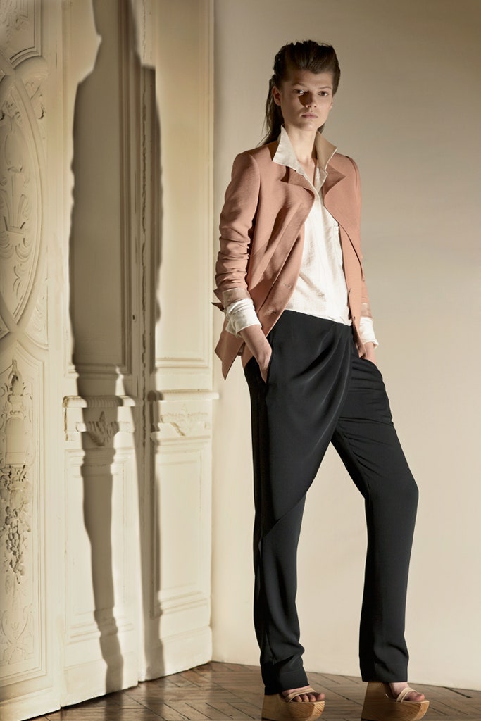 pink cotton long-sleeve collared tailored zippered blazer