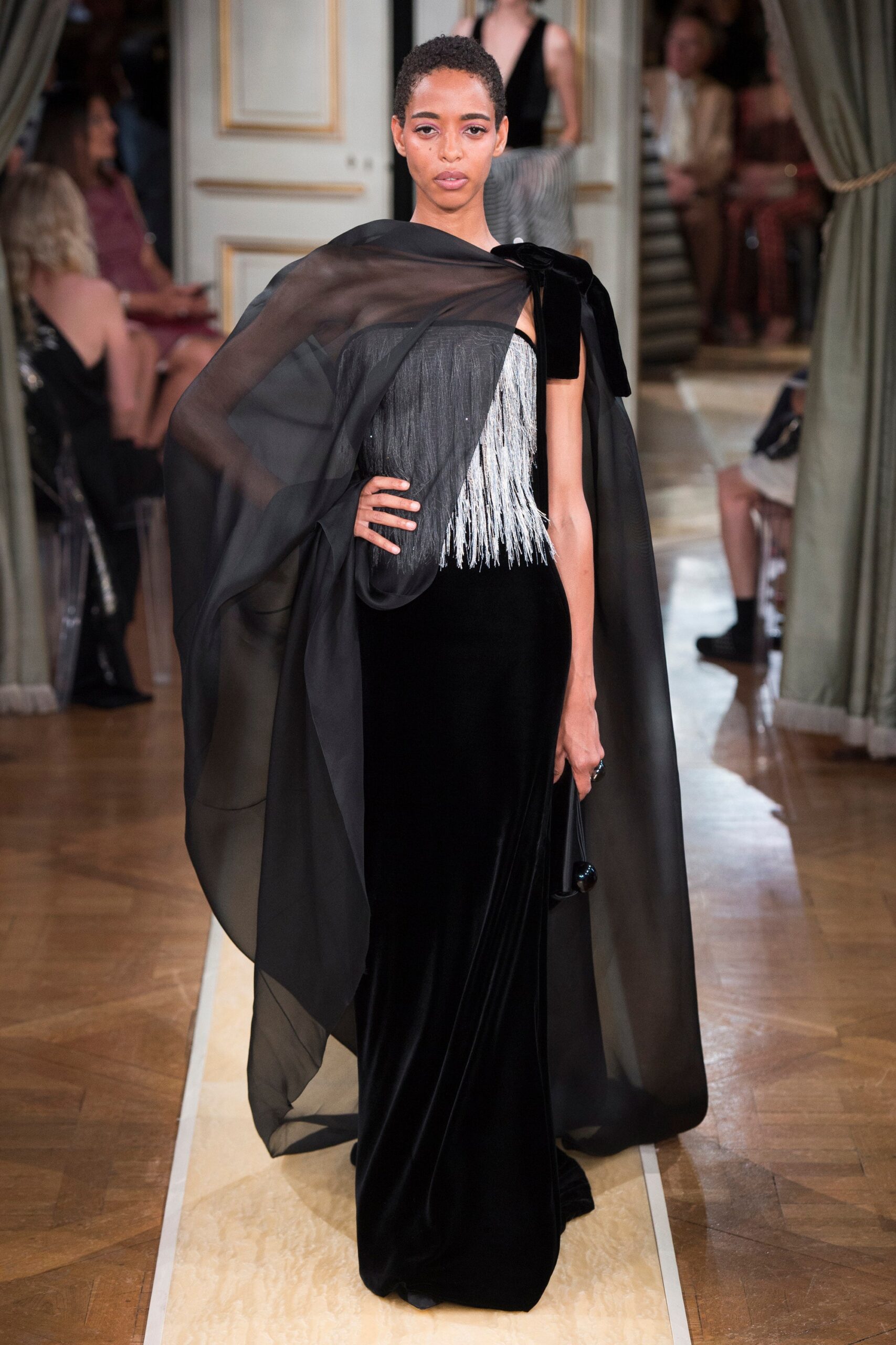 black velvet gown with chiffon cape