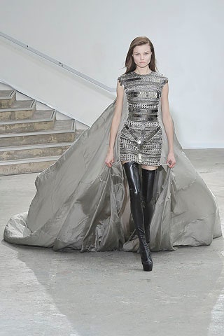 gray silk sleeveless high-neck fitted layered flowing dress