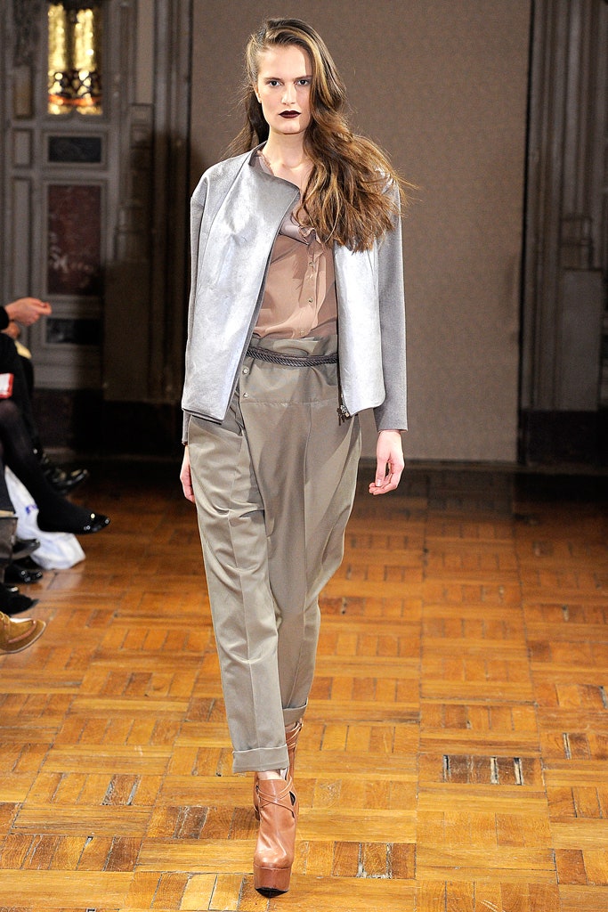 gray silk jacket beige top