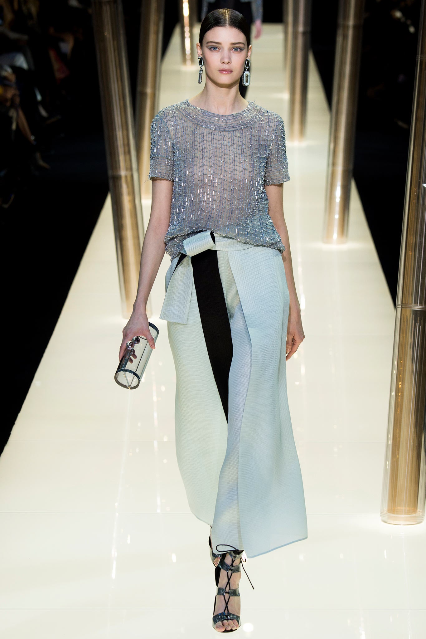 blue sequined fitted top with asymmetric skirt