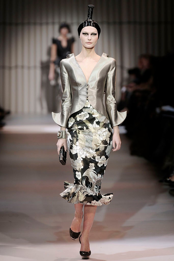 tailored gray silk blazer and black pencil skirt