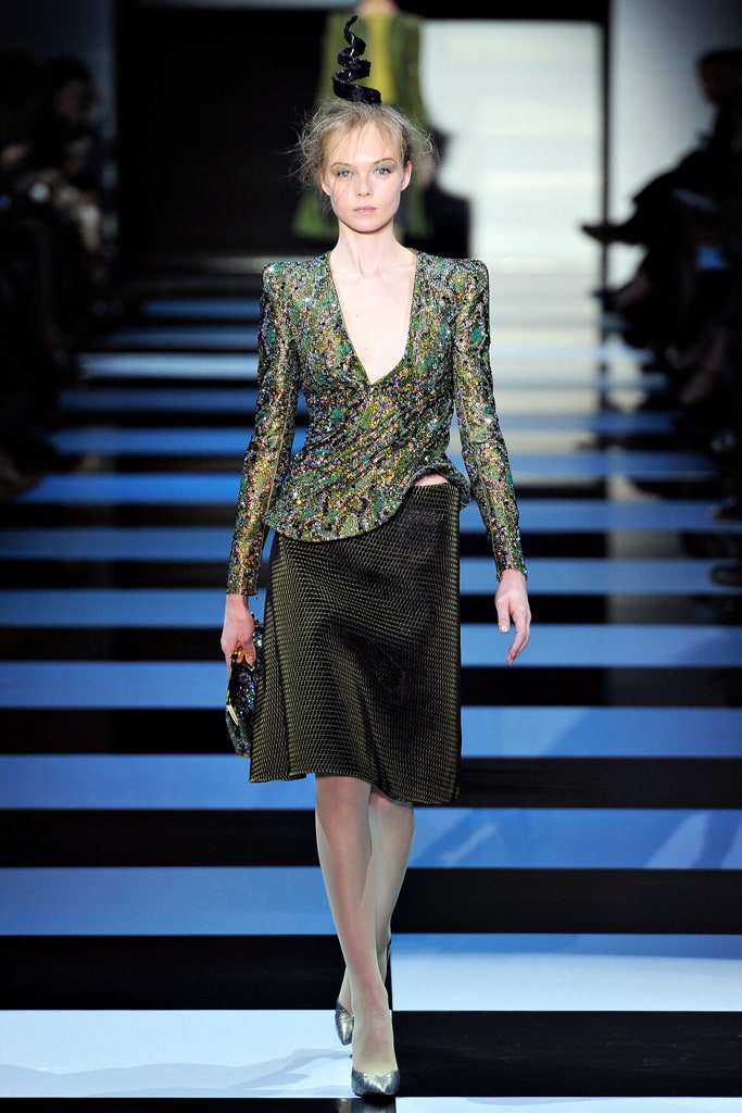 multi-colored embellished blazer and black pencil skirt