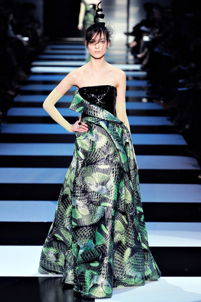 green black strapless gown