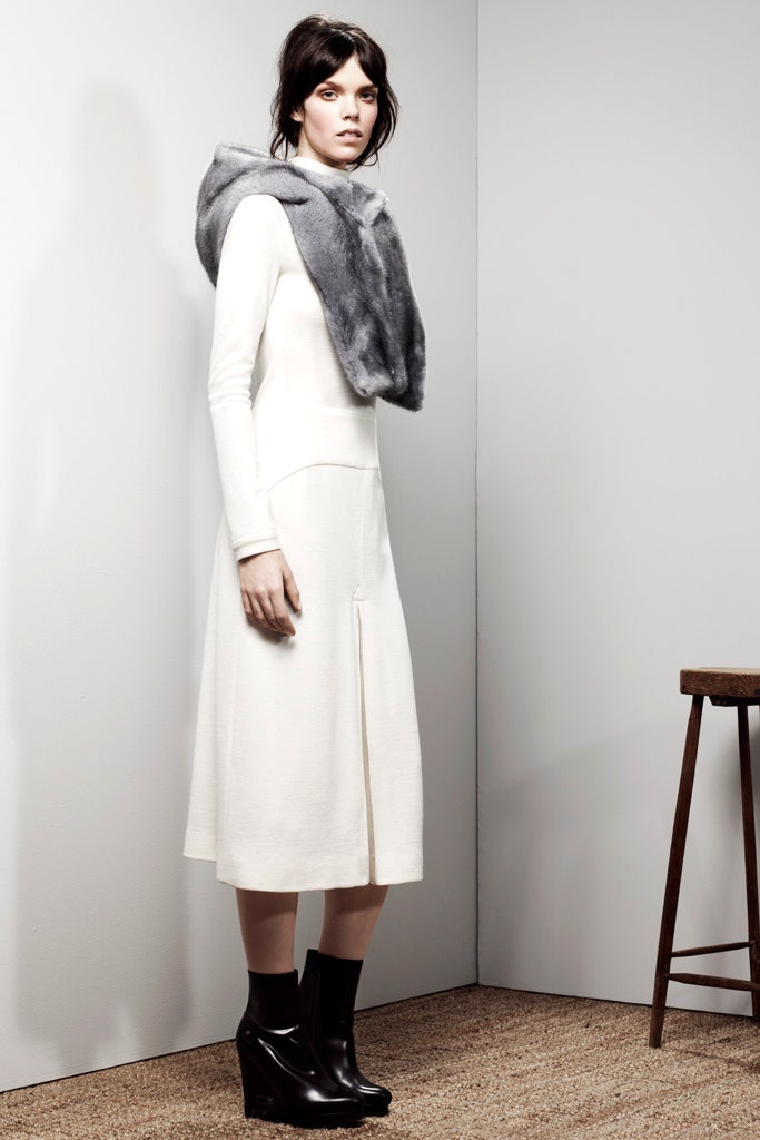white wool long-sleeve v-neck fitted a-line midi dress