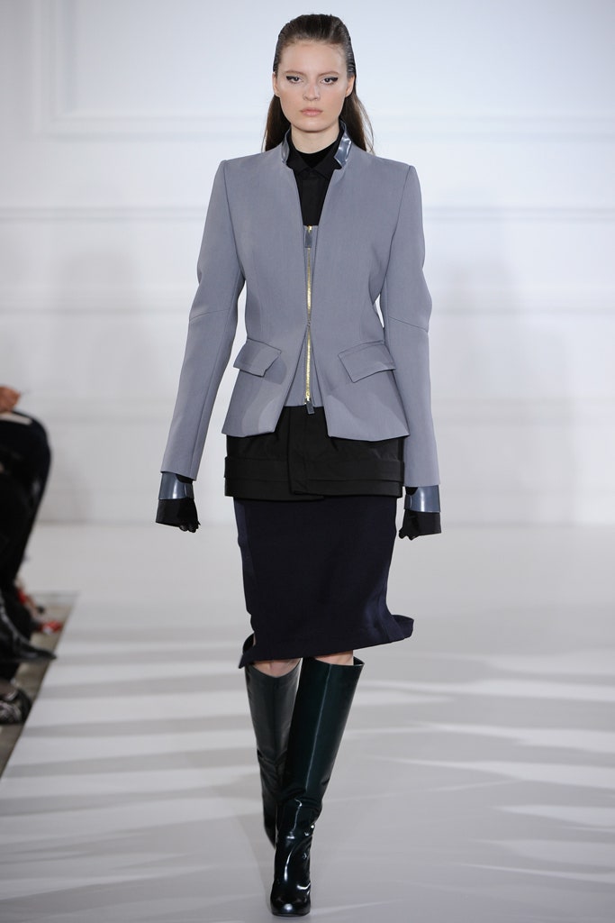 gray cotton long-sleeve collared structured zippered jacket