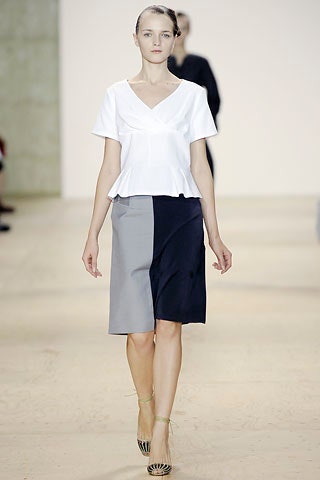 white fitted top with color-blocked skirt