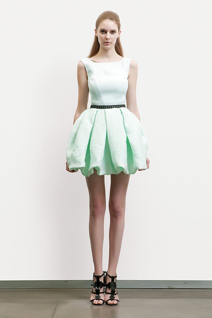 white and green pleated mini dress