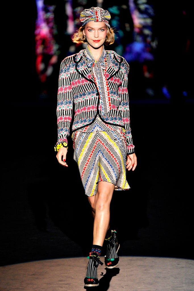 multi-colored fitted blazer and skirt