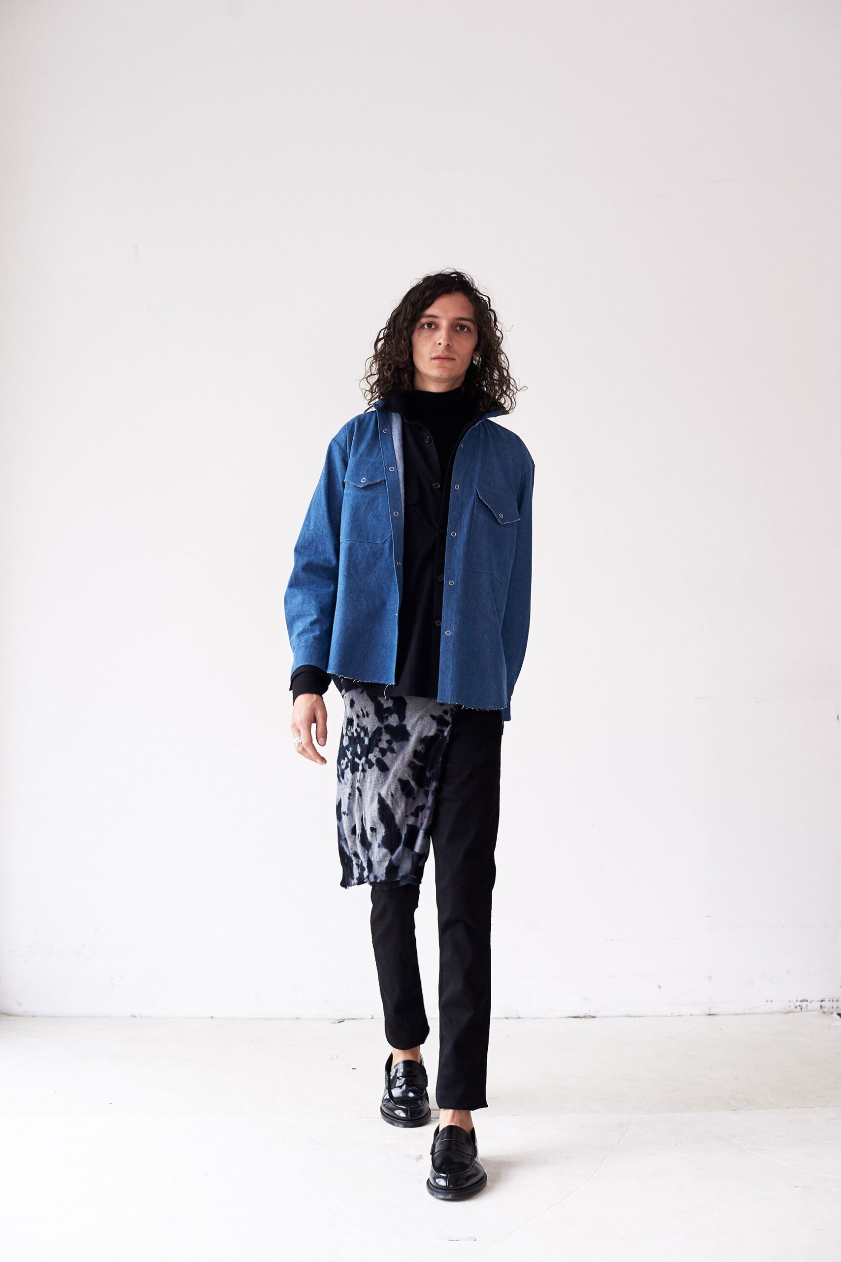 blue denim shirt black top and pants