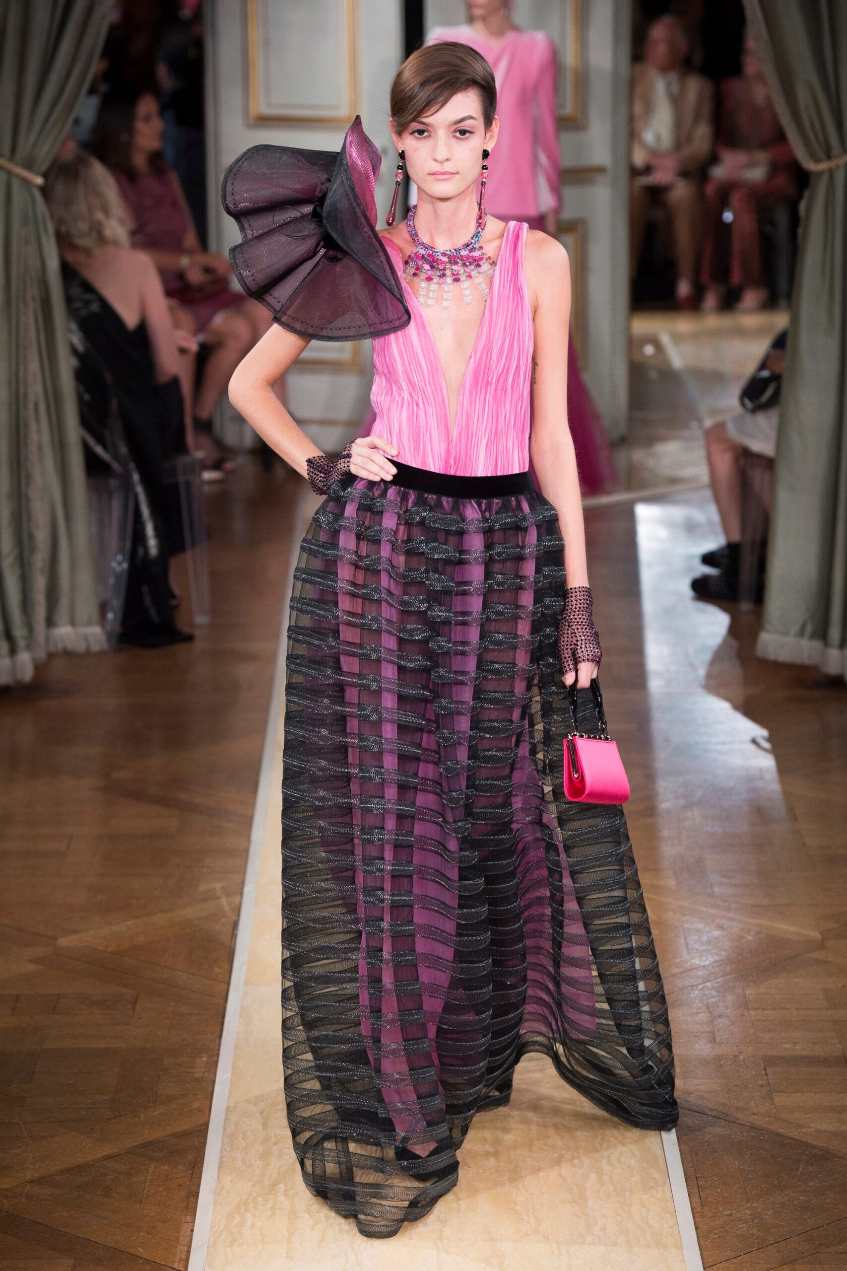 pink and black pleated gown