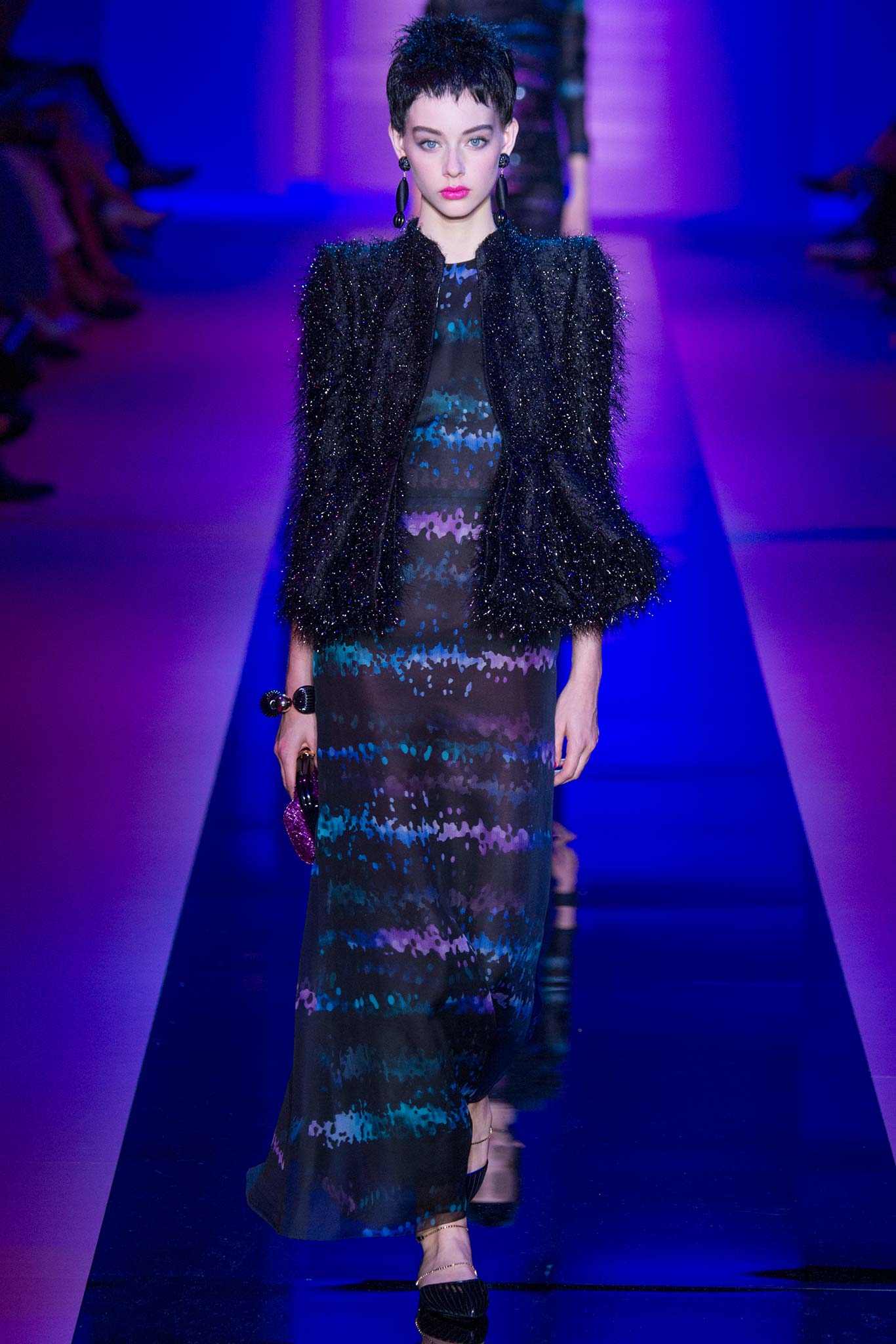 black silk tulle gown with faux-fur jacket