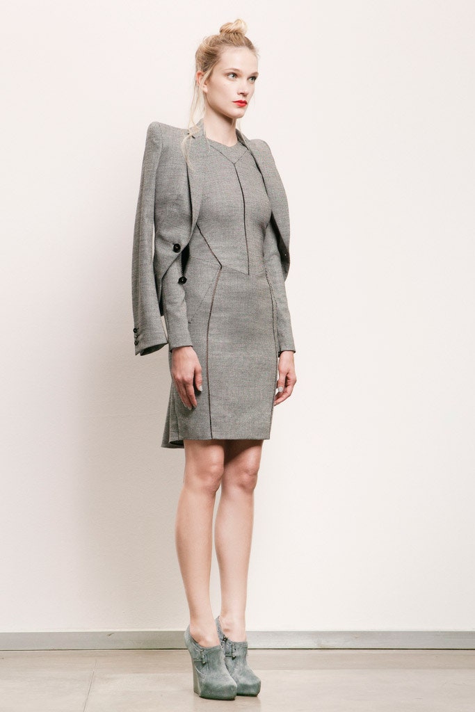 gray fitted dress with blazer