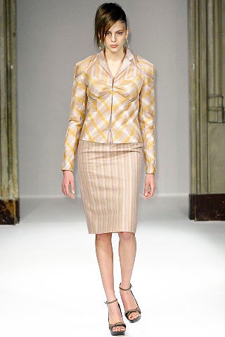 beige silk fitted blazer and skirt
